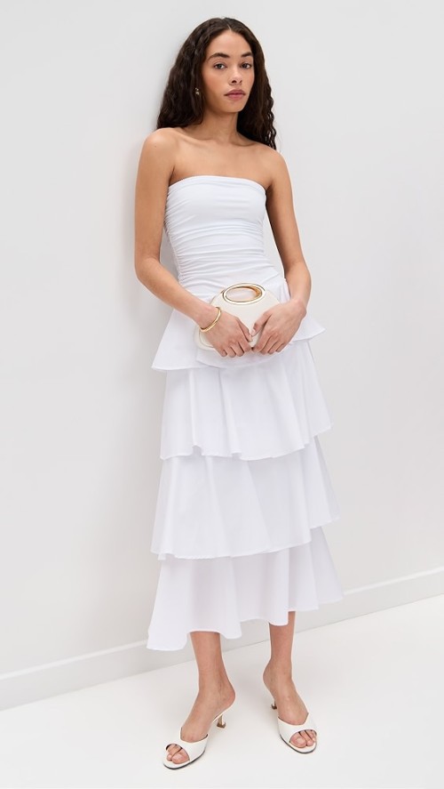 Elegant Sample Bandeau Neckline Sleeveless Solid Color Ruffle Tight Waist Tiered Skirt