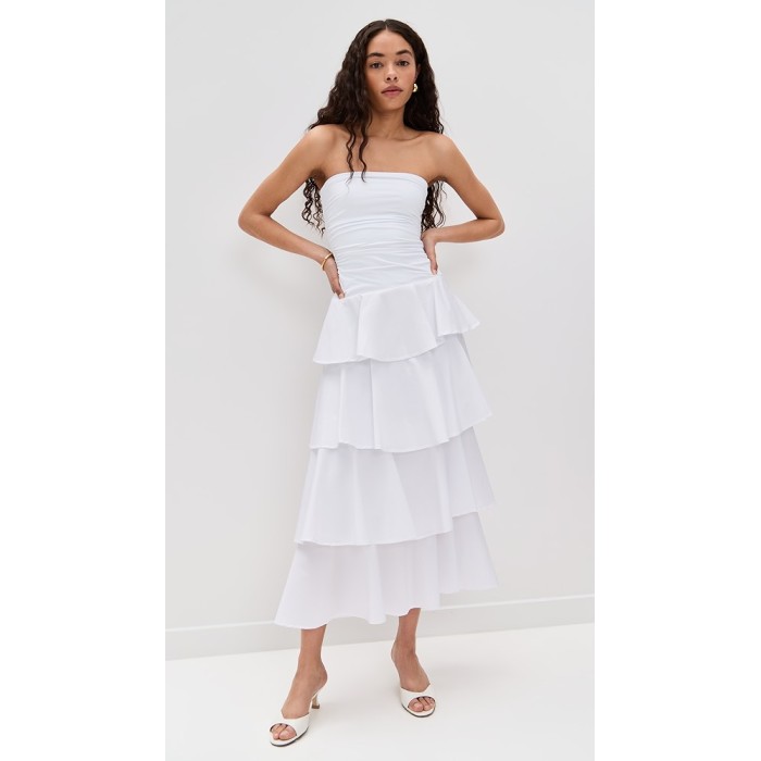 Elegant Sample Bandeau Neckline Sleeveless Solid Color Ruffle Tight Waist Tiered Skirt
