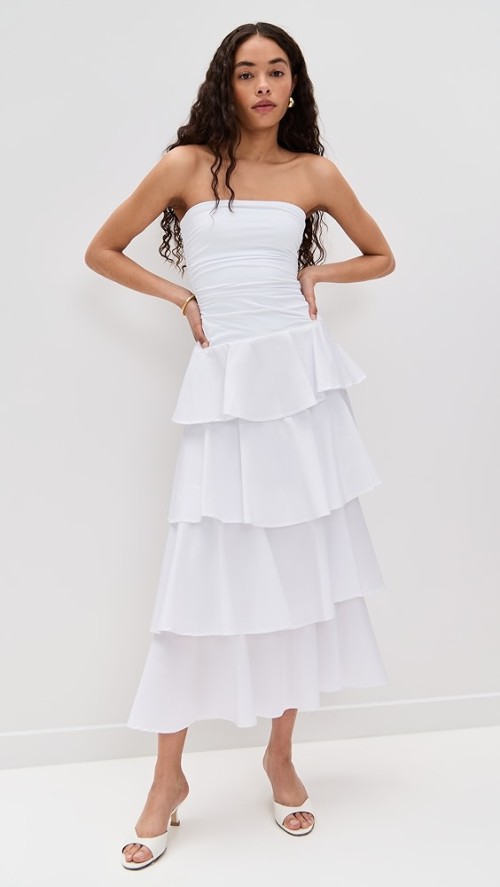 Elegant Sample Bandeau Neckline Sleeveless Solid Color Ruffle Tight Waist Tiered Skirt