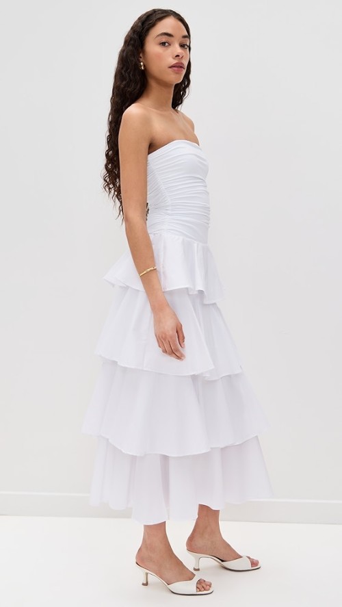 Elegant Sample Bandeau Neckline Sleeveless Solid Color Ruffle Tight Waist Tiered Skirt