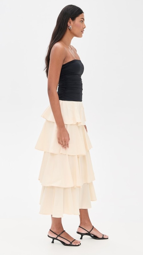 Elegant Sexy Bandeau Neckline Sleeveless Backless Ruffle Tight Waist Tiered Skirt