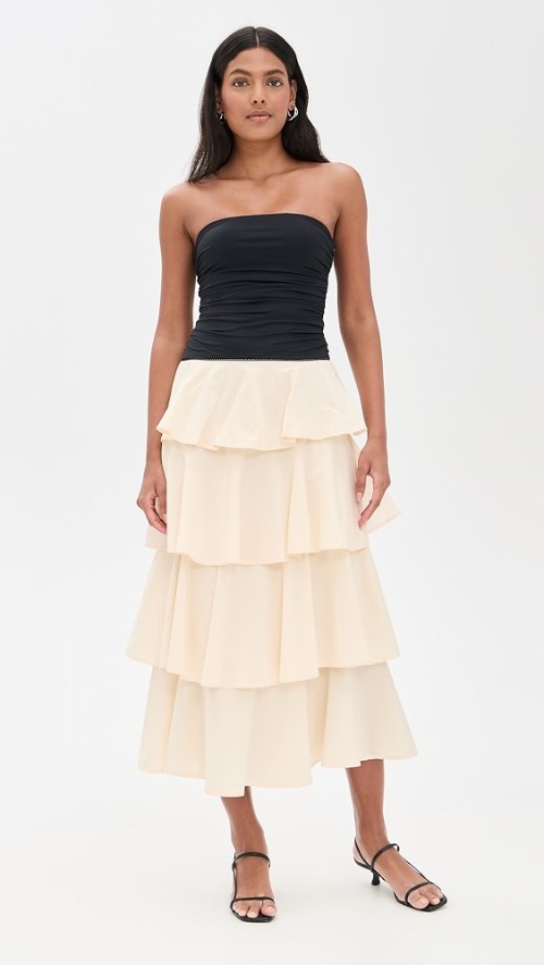 Elegant Sexy Bandeau Neckline Sleeveless Backless Ruffle Tight Waist Tiered Skirt