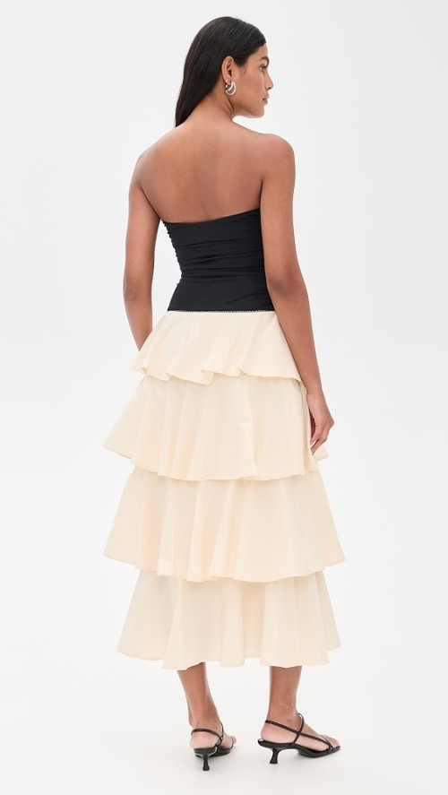 Elegant Sexy Bandeau Neckline Sleeveless Backless Ruffle Tight Waist Tiered Skirt