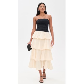 Elegant Sexy Bandeau Neckline Sleeveless Backless Ruffle Tight Waist Tiered Skirt