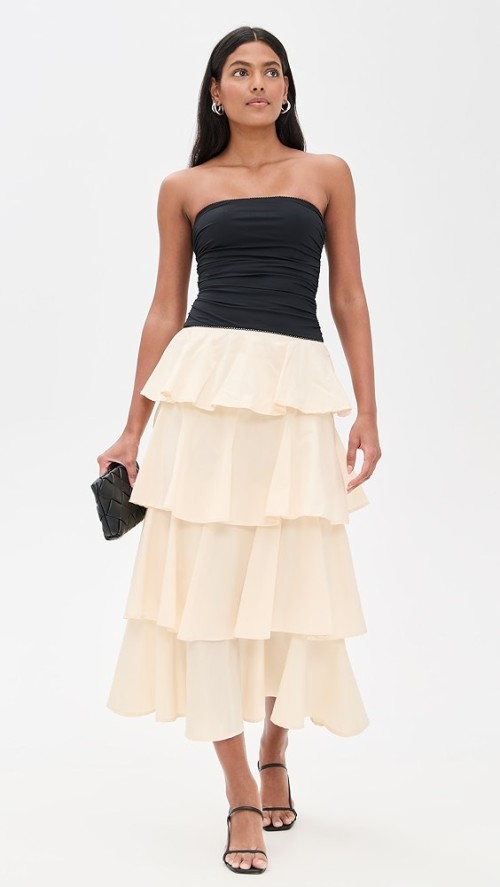 Elegant Sexy Bandeau Neckline Sleeveless Backless Ruffle Tight Waist Tiered Skirt