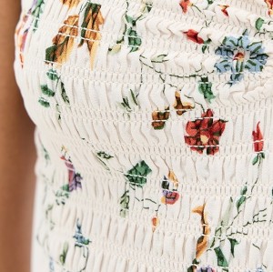 Sample Cute Bandeau Neckline Sleeveless Ruffle Tight  Waist Floral Pattern Casual Dress