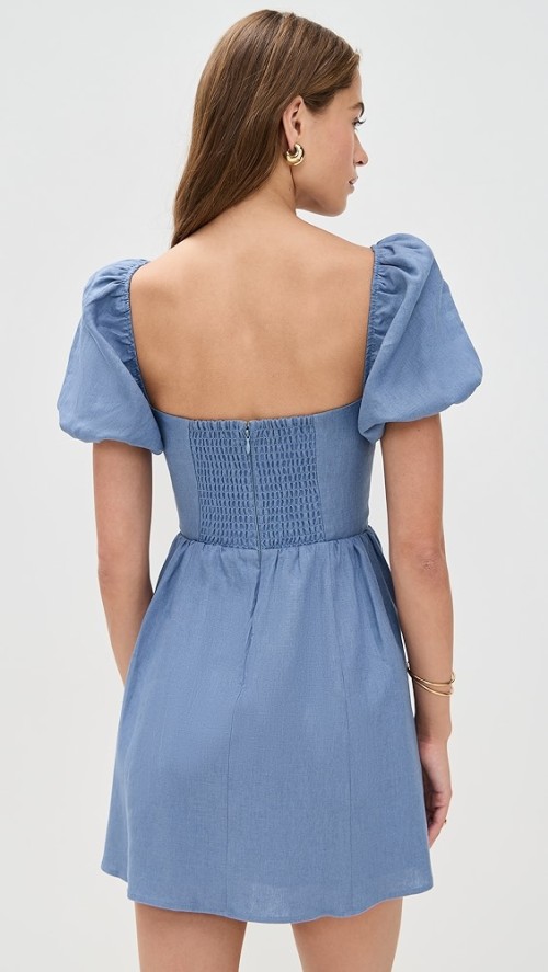 Elegant Square Neckline Backless Puff Sleeve Smocked Elastic Back Panel Casual Dress