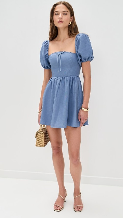 Elegant Square Neckline Backless Puff Sleeve Smocked Elastic Back Panel Casual Dress