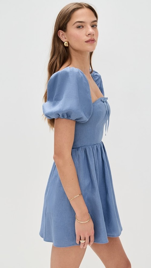 Elegant Square Neckline Backless Puff Sleeve Smocked Elastic Back Panel Casual Dress