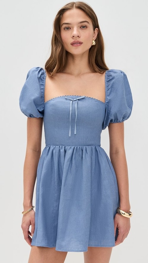 Elegant Square Neckline Backless Puff Sleeve Smocked Elastic Back Panel Casual Dress