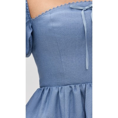 Elegant Square Neckline Backless Puff Sleeve Smocked Elastic Back Panel Casual Dress