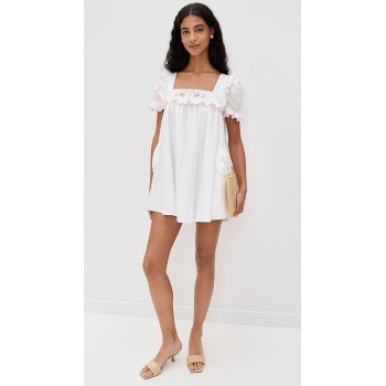 Sweat Sample Square Neckline Short Puff Sleeve Ruffle Edges And Floral Embroidery Casual Dress
