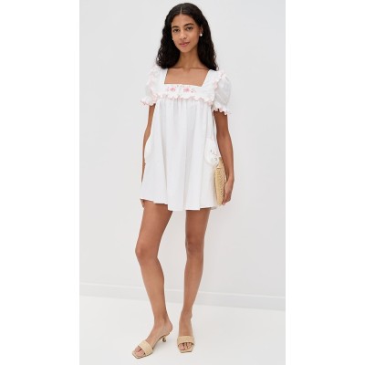 Sweat Sample Square Neckline Short Puff Sleeve Ruffle Edges And Floral Embroidery Casual Dress