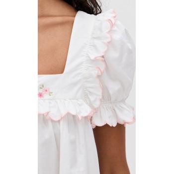 Sweat Sample Square Neckline Short Puff Sleeve Ruffle Edges And Floral Embroidery Casual Dress