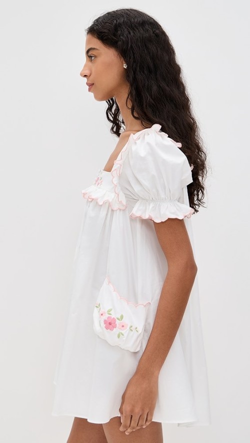 Sweat Sample Square Neckline Short Puff Sleeve Ruffle Edges And Floral Embroidery Casual Dress
