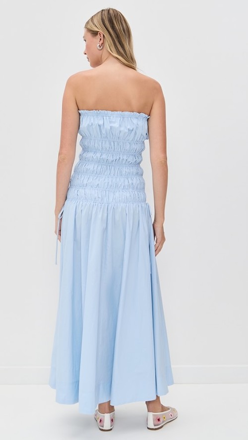 Elegant Sample Bandeau Neckline Tie Waist Smocked Elastic Bodice Solid Color Dress