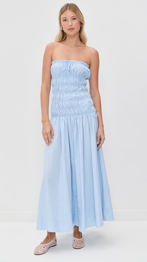 Elegant Sample Bandeau Neckline Tie Waist Smocked Elastic Bodice Solid Color Dress