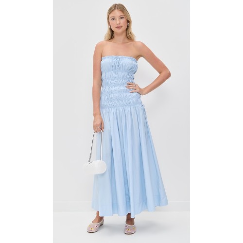 Elegant Sample Bandeau Neckline Tie Waist Smocked Elastic Bodice Solid Color Dress