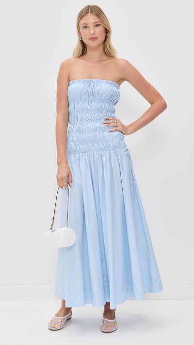 Elegant Sample Bandeau Neckline Tie Waist Smocked Elastic Bodice Solid Color Dress