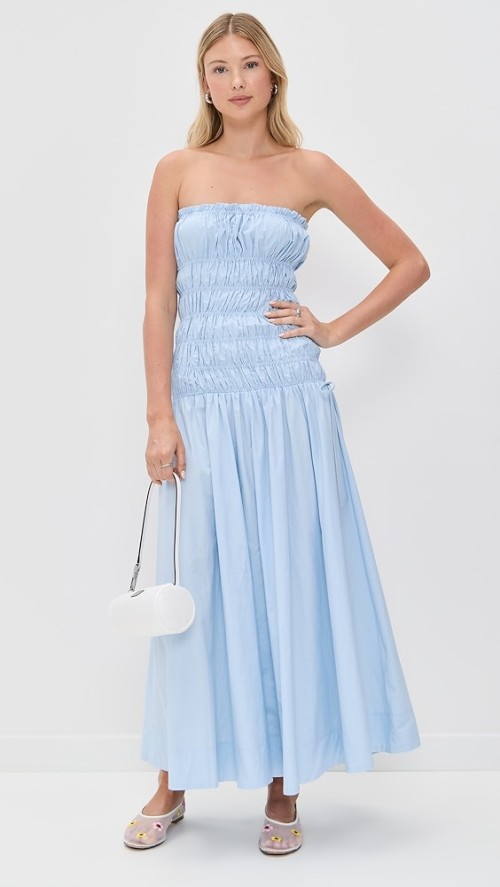 Elegant Sample Bandeau Neckline Tie Waist Smocked Elastic Bodice Solid Color Dress
