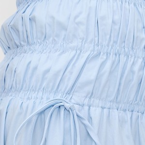 Elegant Sample Bandeau Neckline Tie Waist Smocked Elastic Bodice Solid Color Dress