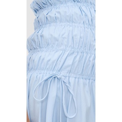 Elegant Sample Bandeau Neckline Tie Waist Smocked Elastic Bodice Solid Color Dress