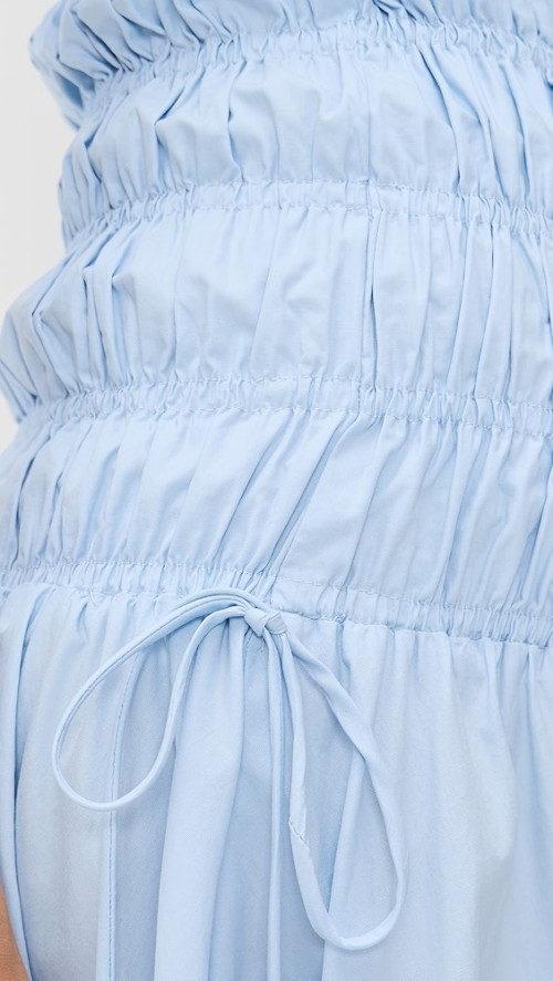 Elegant Sample Bandeau Neckline Tie Waist Smocked Elastic Bodice Solid Color Dress