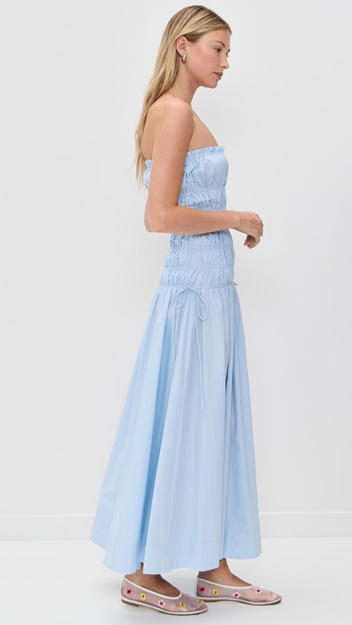 Elegant Sample Bandeau Neckline Tie Waist Smocked Elastic Bodice Solid Color Dress