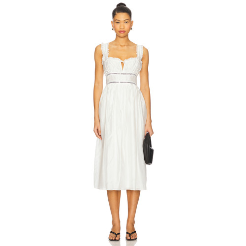Vintage Square Neck Lace Trimmed Midweight Voile Fabric Contrast Ribbon Trim White Midi Dress