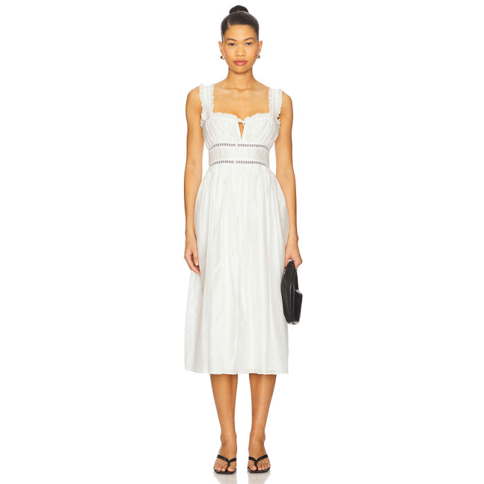 Vintage Square Neck Lace Trimmed Midweight Voile Fabric Contrast Ribbon Trim White Midi Dress