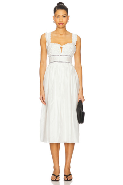 Vintage Square Neck Lace Trimmed Midweight Voile Fabric Contrast Ribbon Trim White Midi Dress