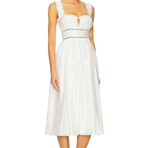 Vintage Square Neck Lace Trimmed Midweight Voile Fabric Contrast Ribbon Trim White Midi Dress