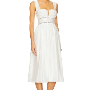 Vintage Square Neck Lace Trimmed Midweight Voile Fabric Contrast Ribbon Trim White Midi Dress