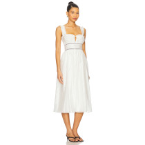 Vintage Square Neck Lace Trimmed Midweight Voile Fabric Contrast Ribbon Trim White Midi Dress