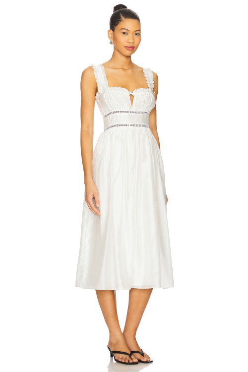 Vintage Square Neck Lace Trimmed Midweight Voile Fabric Contrast Ribbon Trim White Midi Dress
