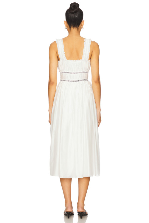 Vintage Square Neck Lace Trimmed Midweight Voile Fabric Contrast Ribbon Trim White Midi Dress