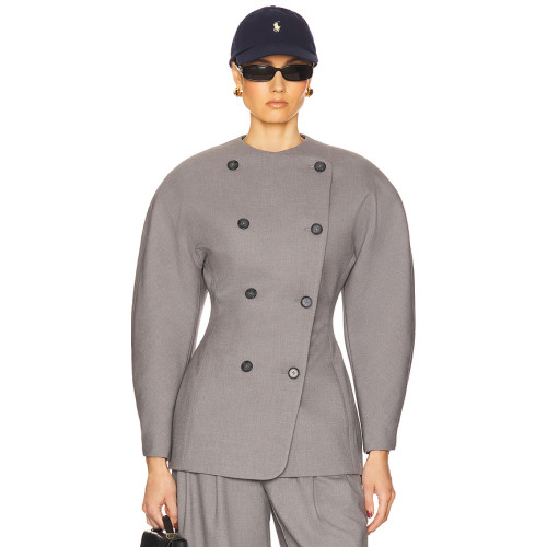 2025 Hot Sale Fashionable Vintage Puff Sleeve Double Breasted Slim Fit Grey Blazer