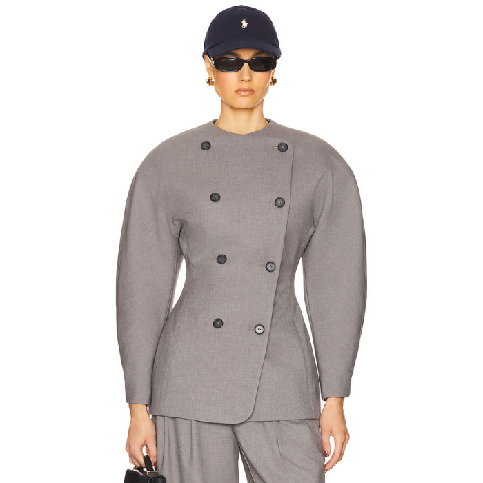 2025 Hot Sale Fashionable Vintage Puff Sleeve Double Breasted Slim Fit Grey Blazer