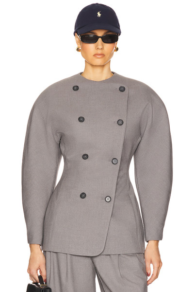 2025 Hot Sale Fashionable Vintage Puff Sleeve Double Breasted Slim Fit Grey Blazer