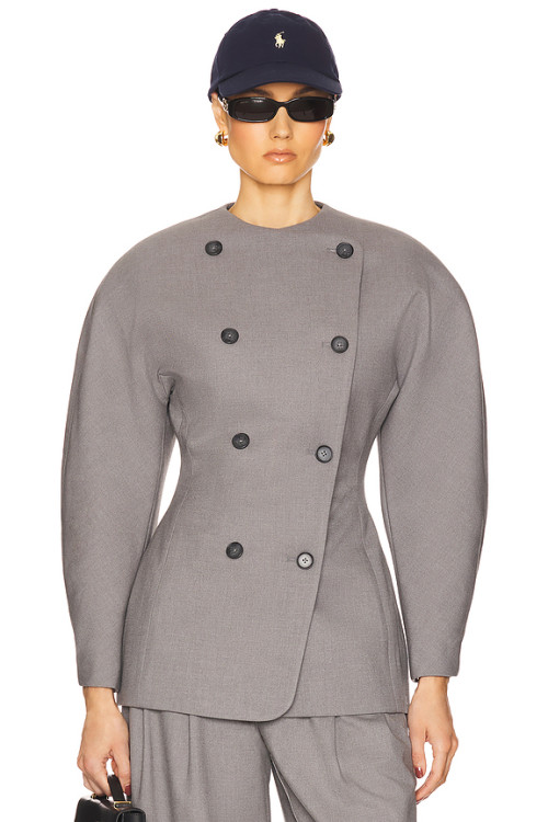 2025 Hot Sale Fashionable Vintage Puff Sleeve Double Breasted Slim Fit Grey Blazer