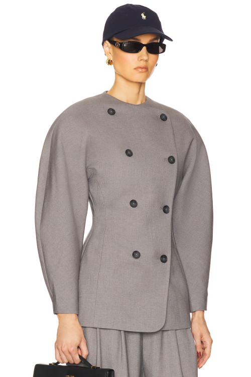 2025 Hot Sale Fashionable Vintage Puff Sleeve Double Breasted Slim Fit Grey Blazer