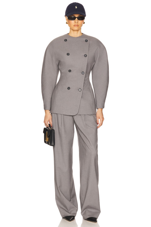 2025 Hot Sale Fashionable Vintage Puff Sleeve Double Breasted Slim Fit Grey Blazer