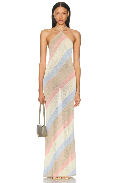 Ladies Sexy Elegant Halter neckline Backless Sleeveless Translucence Woman's Long Dress