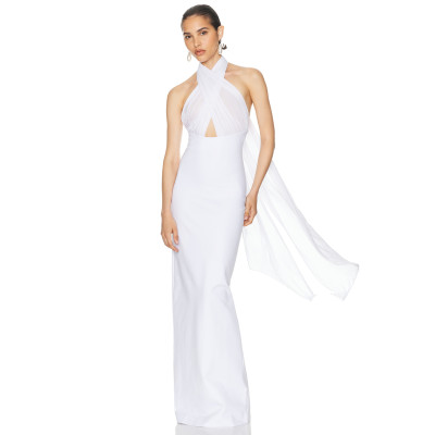 Halter neck Gown Sheer mesh Cut out Detail Bodycon Minimalist Draped Sash Woman's Long Dress