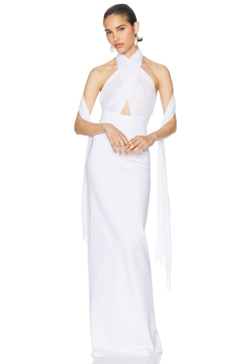 Halter neck Gown Sheer mesh Cut out Detail Bodycon Minimalist Draped Sash Woman's Long Dress