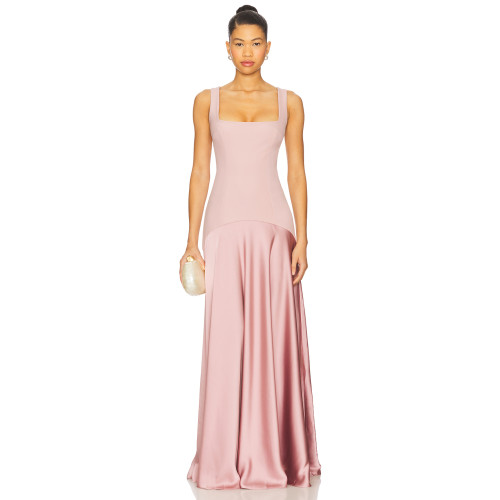 Elegant Square Necked Slim Fitting Panelled Pink Satin Flowy Satin fabric Midi Dress