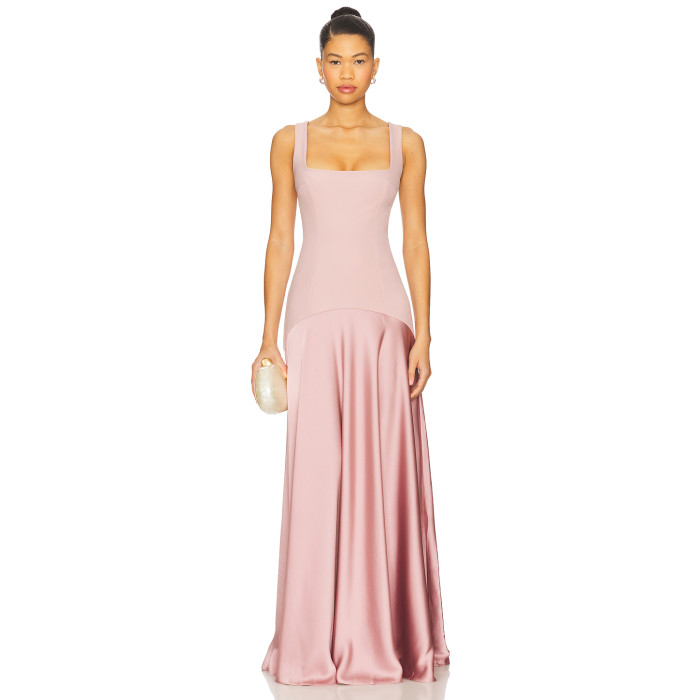 Elegant Square Necked Slim Fitting Panelled Pink Satin Flowy Satin fabric Midi Dress