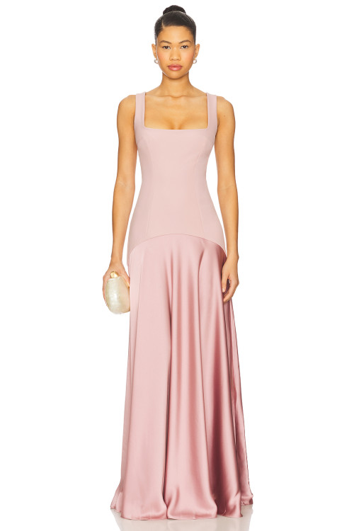 Elegant Square Necked Slim Fitting Panelled Pink Satin Flowy Satin fabric Midi Dress