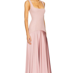 Elegant Square Necked Slim Fitting Panelled Pink Satin Flowy Satin fabric Midi Dress