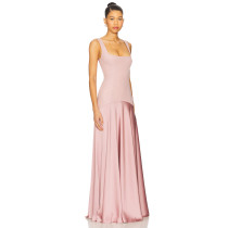 Elegant Square Necked Slim Fitting Panelled Pink Satin Flowy Satin fabric Midi Dress